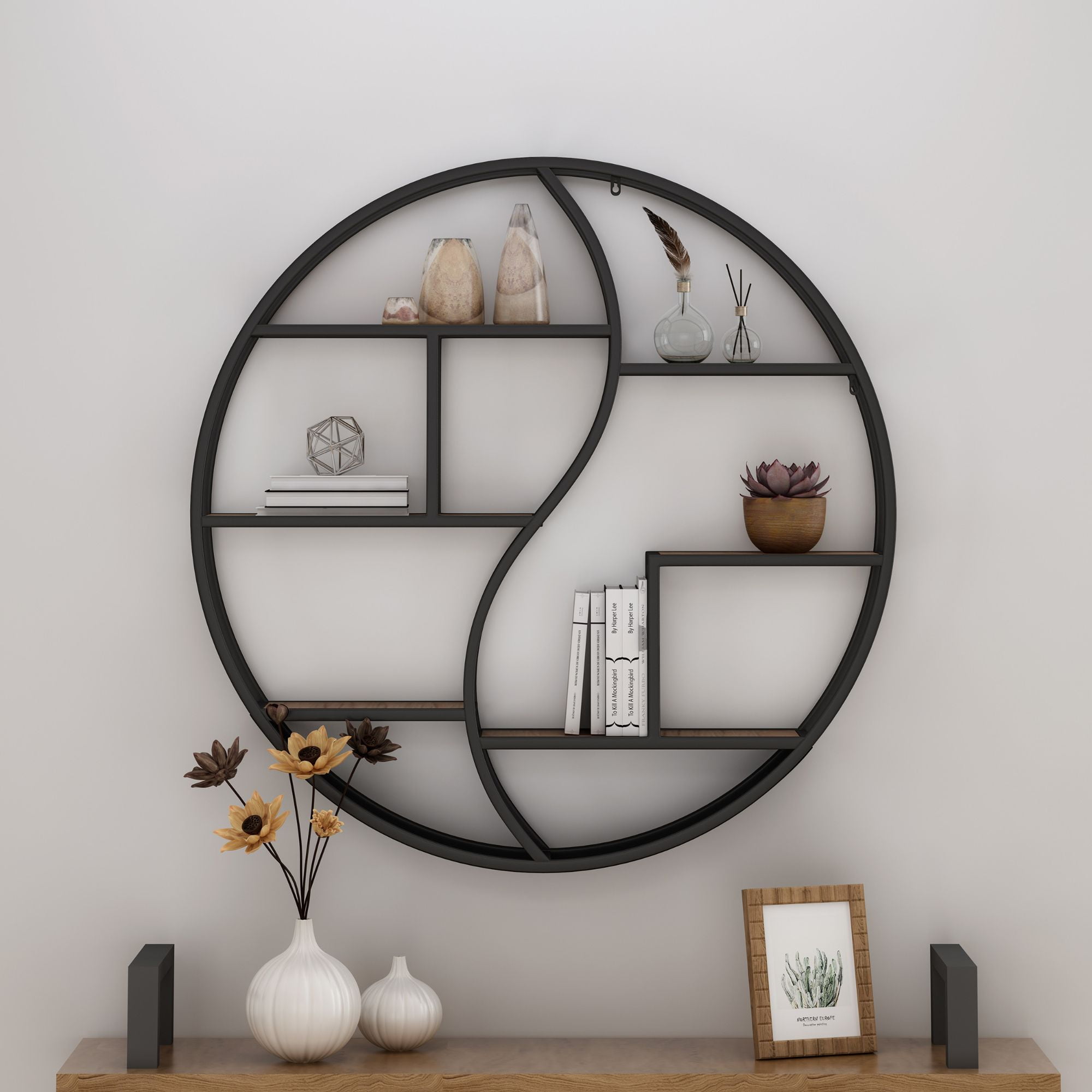 Noble House 34.25" Brown and Black Contemporary Round Hanging Wall Shelf