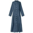 thumbnail image 3 of Women Casual Solid Denim Dress Long Sleeve Round Neck Dress Loose Dress Petite Dresses Summer Stripe Dress Womens Dresses Casual Summer Midi Length Women's Casual Casual Maxi Women Solid Tunic Dress, 3 of 4