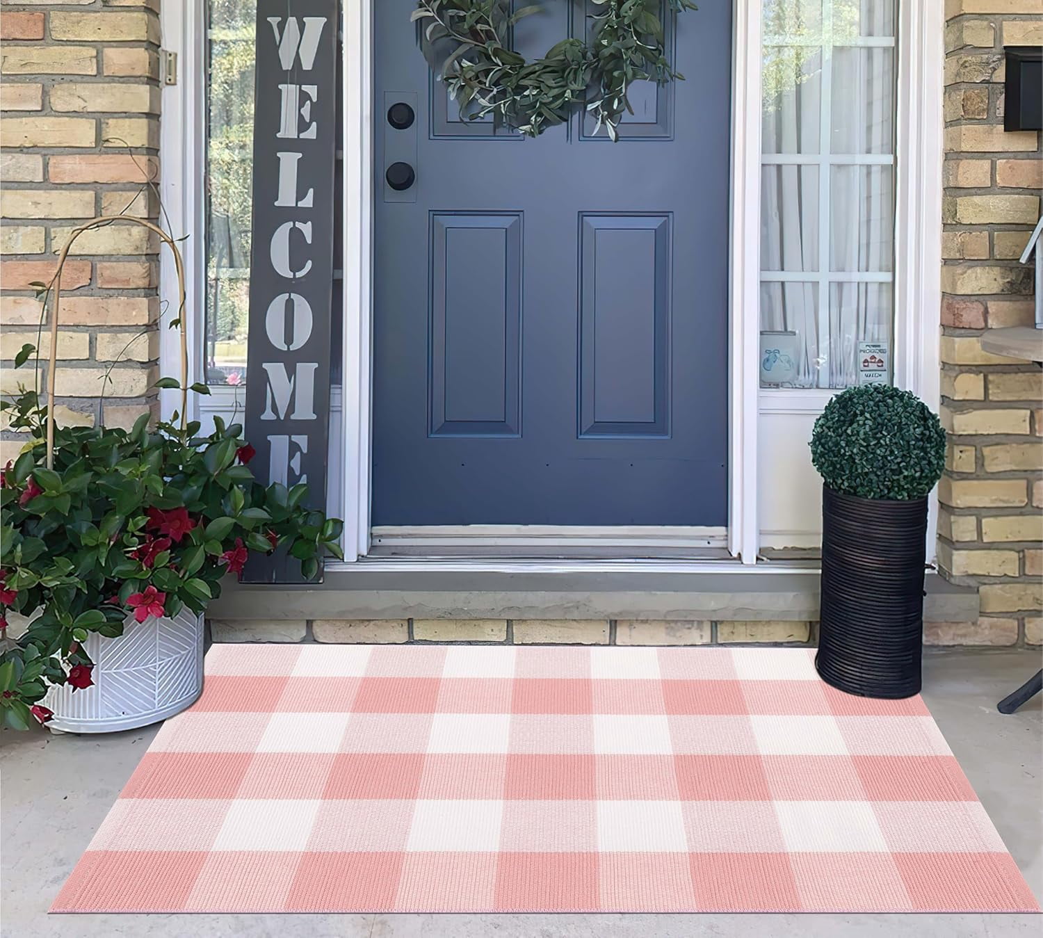 Pink and White Buffalo Outdoor Rug 24''X35'' Checkered Plaid Front Porch Rug Machine Washable Door Mat Outdoor for Layered Doormat Hello Welcome Door Mat Kitchen Farmhouse Entryway