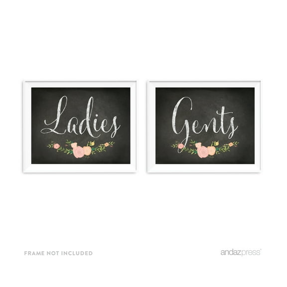 Ladies, Gents Black Chalkboard & Floral Roses Wedding Party Signs, 2-Pack