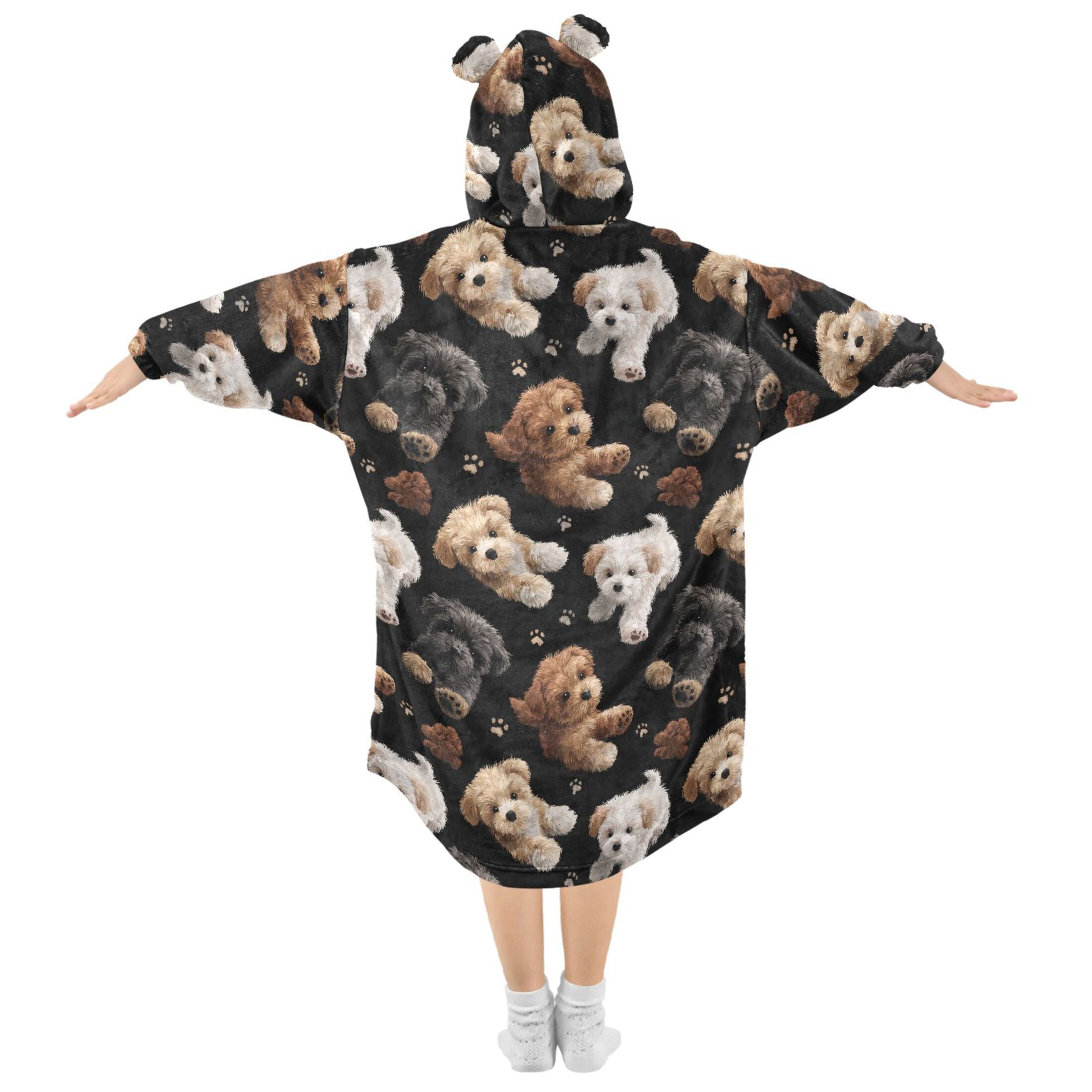 Wearable Blanket Hoodie for Kids Cute Puppies Flannel Hooded Blanket with Pockets and Sleeves Suitable for Boys and Girls