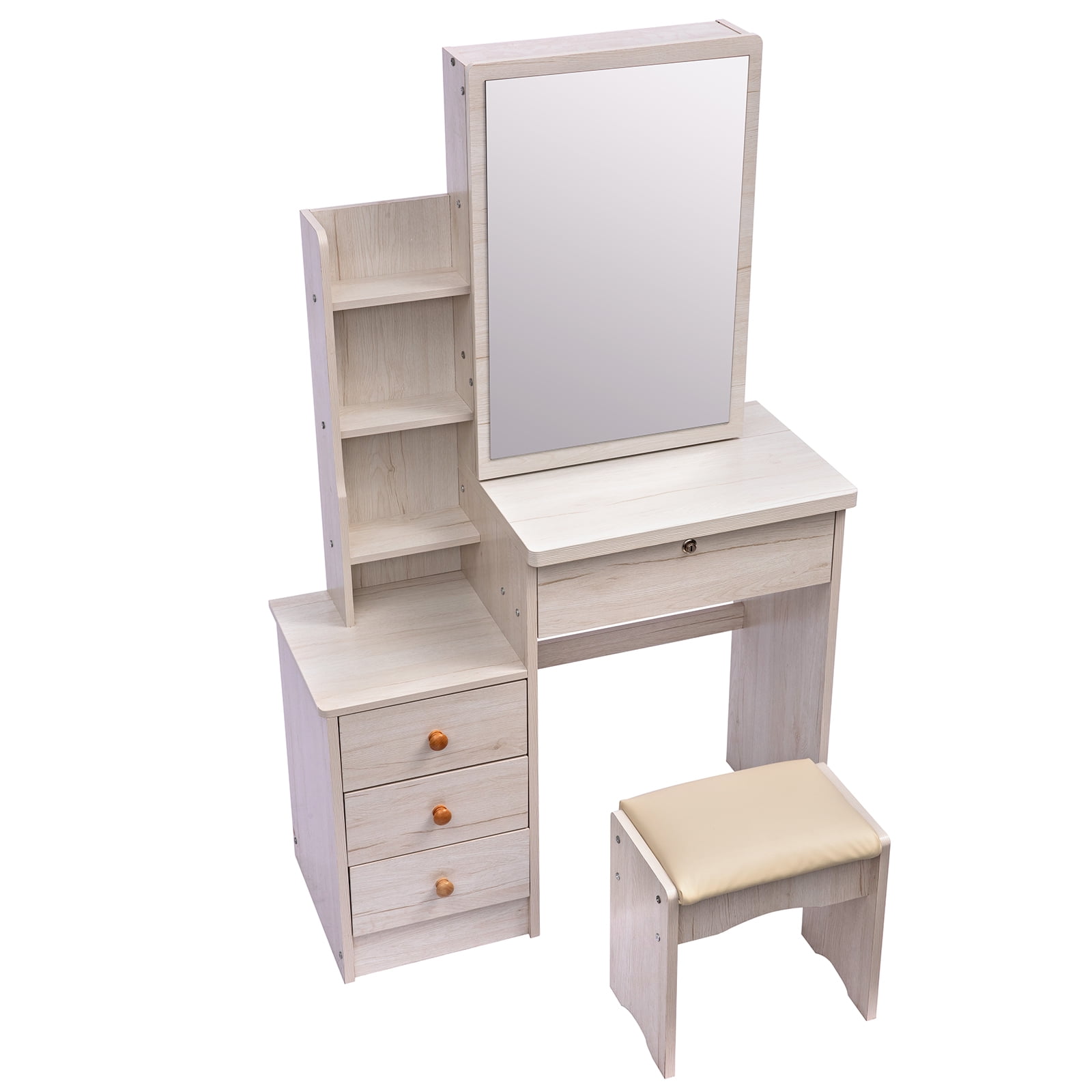 Resenkos Makeup Vanity Set with Mirror Cushioned Stool Open Storage Shelves and 4 Drawers White Oak