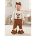 thumbnail image 3 of Spewahor Infant Baby Girls Spring Fall Outfit 0 3 6 12 18 Months Round Neck Cow Embroidery Jumpsuit Headband Elastic Waist Flared Pants Set, 3 of 9