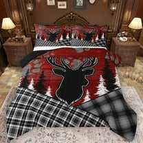 Feelyou Jungle Moose Elk Boys Full Size Comforter Sets, Rustic Western Plaid Bedding Comforter Set, Red Farmhouse Theme Reversible Bedding Sets, Lightweight Room Decor, 3 Pieces