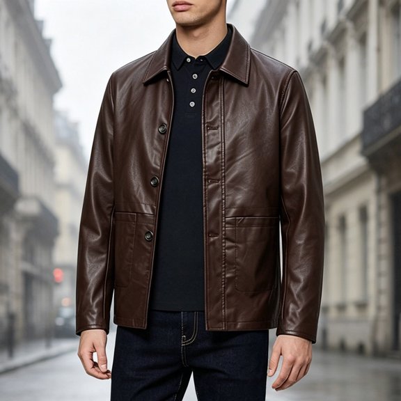 LYSMORA Men's Lapel Faux Leather Jacket Button Front Casual Outerwear Multi Pocket Shirt Style Coat for Daily Wear