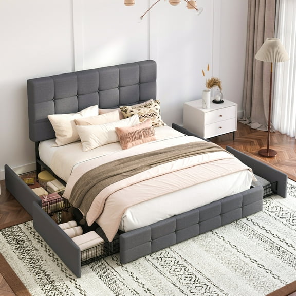 Einfach Queen Fabirc Platform Bed with 4 Big Storage Drawers, Square Button Tufted Adjustable Headboard, Dark Grey