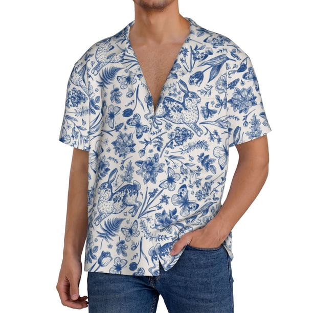 Balery Rabbit And Butterfly Camisa Casual de Manga Corta con Botones para Hombre, Texturizada, Estilo Cubano, para Playa, Verano-XX-Large