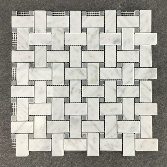 10 Sheets of 1" x 2" White Cararra and Gray Dot Basketweave Marble Mosaic Wall & Floor Tile
