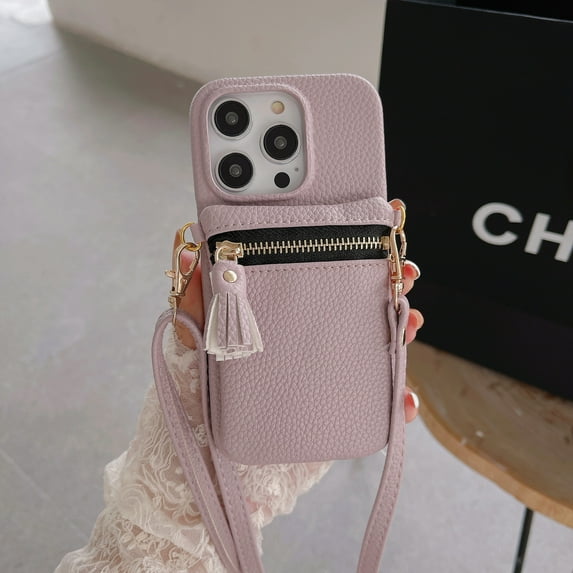 Crossbody Wallet Case for iPhone 14 Pro, RFID Blocking PU Leather Zipper Handbag Purse Flip Cover, Kickstand Folio Case with Card Slots Holder Wrist Strap Lanyard