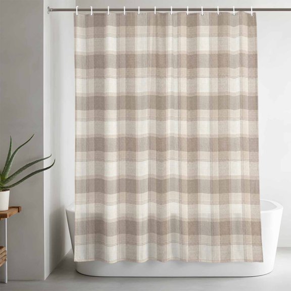 Plaid Grid Bathroom Shower Curtain, Gingham Brown Overlapping Stripes Woven Texture Waterproof Washable Soft Bath Curtain for Bathtub Decor with 12 Hooks&Grommet, 36x78in