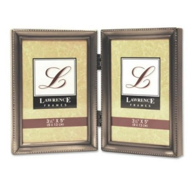 Antique Pewter Hinged Double 3x5 Picture Frame - Beaded Edge Design