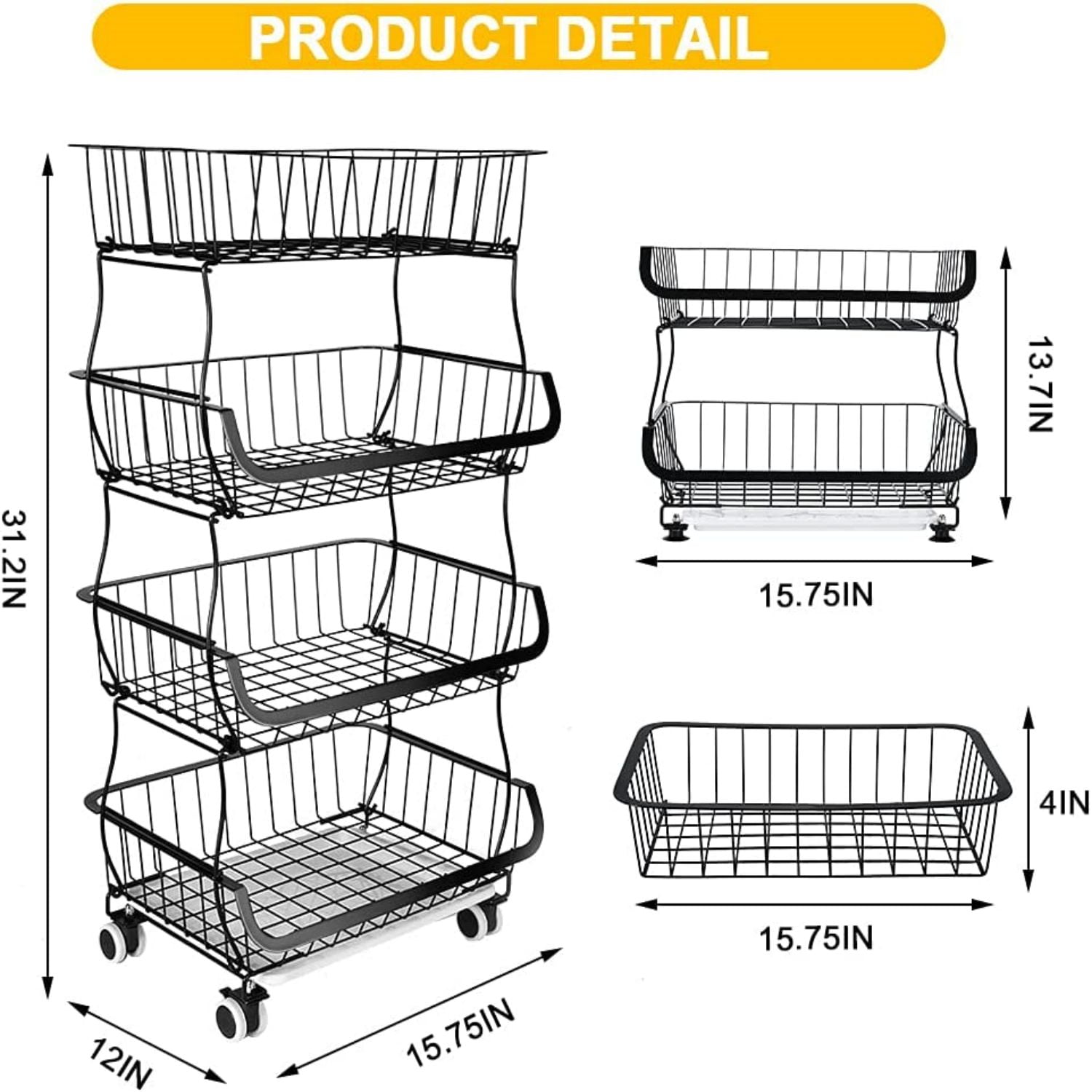 BesBuy 4 tier Stackable Fruit Vegetable Storage Basket for Kitchen - Metal  Wire Baskets Cart Organizer Bins