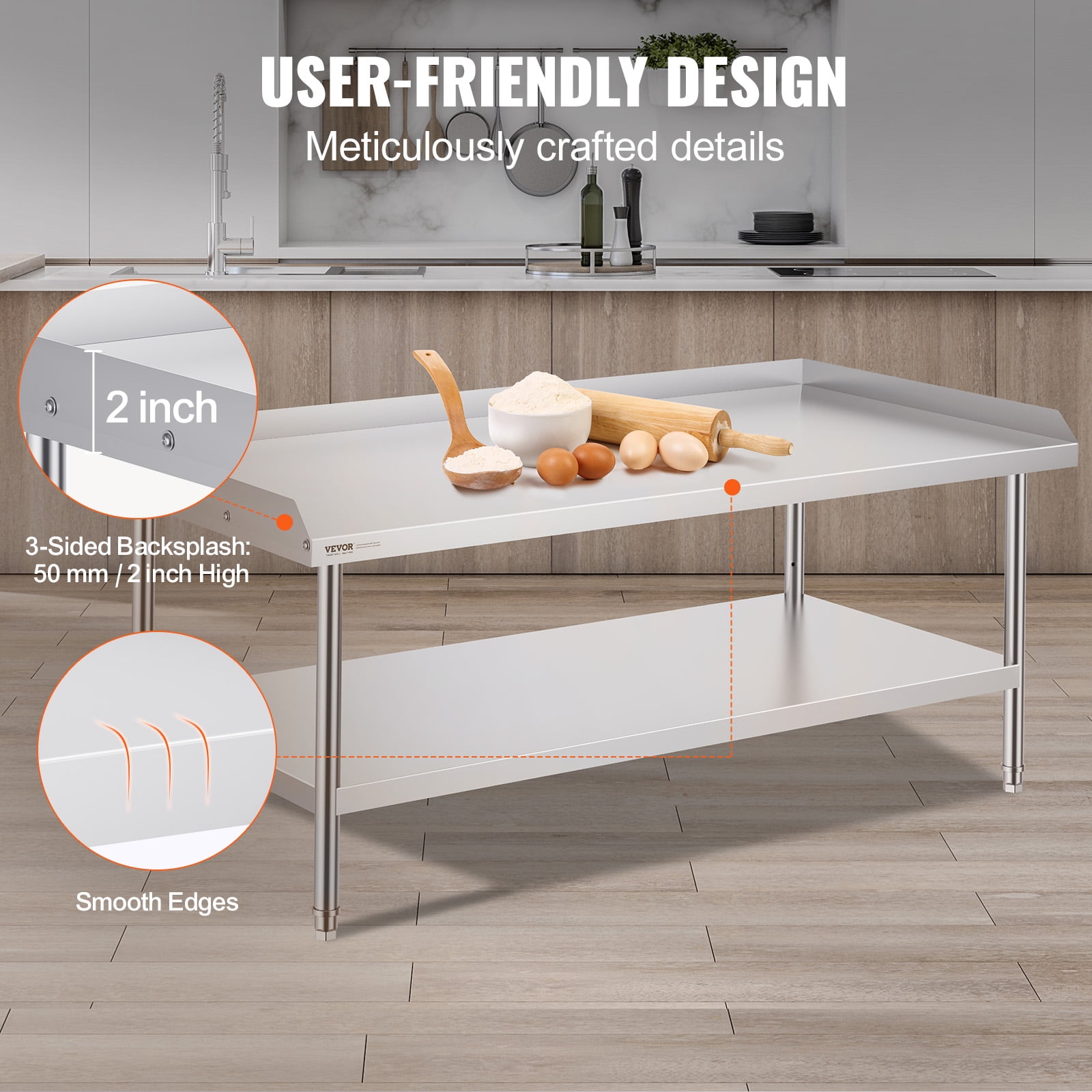 VEVOR Stainless Steel Work Table, 30 x 60 x 26 Inch Commercial Food Prep Worktable, 3-Sided Backsplash Heavy Duty Prep Worktable, Metal Work Table for Restaurant Home Hotel