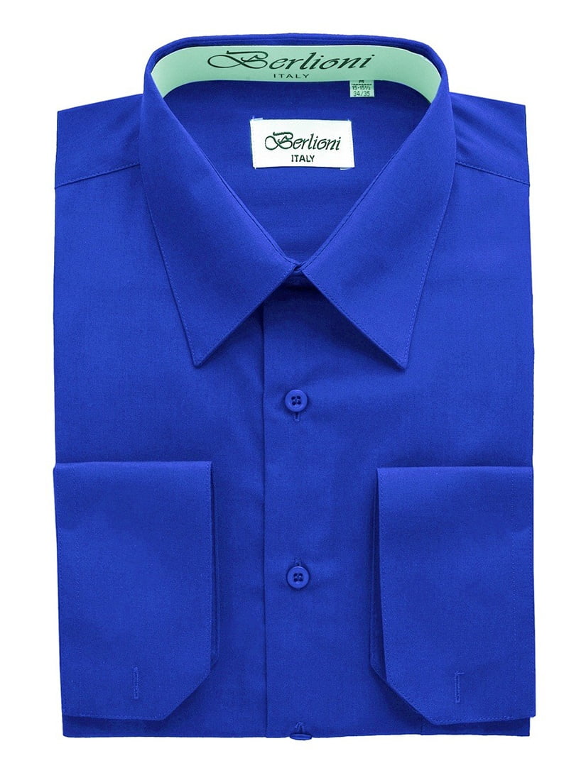 FREE TIE Berlioni Italy Men's Convertible Cuff Solid Dress Shirt Navy 