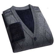 Men's Fleece Lined Sweater Long Sleeve V Neck Button Down Argyle Knit Cardigan Coat Gray 3XL