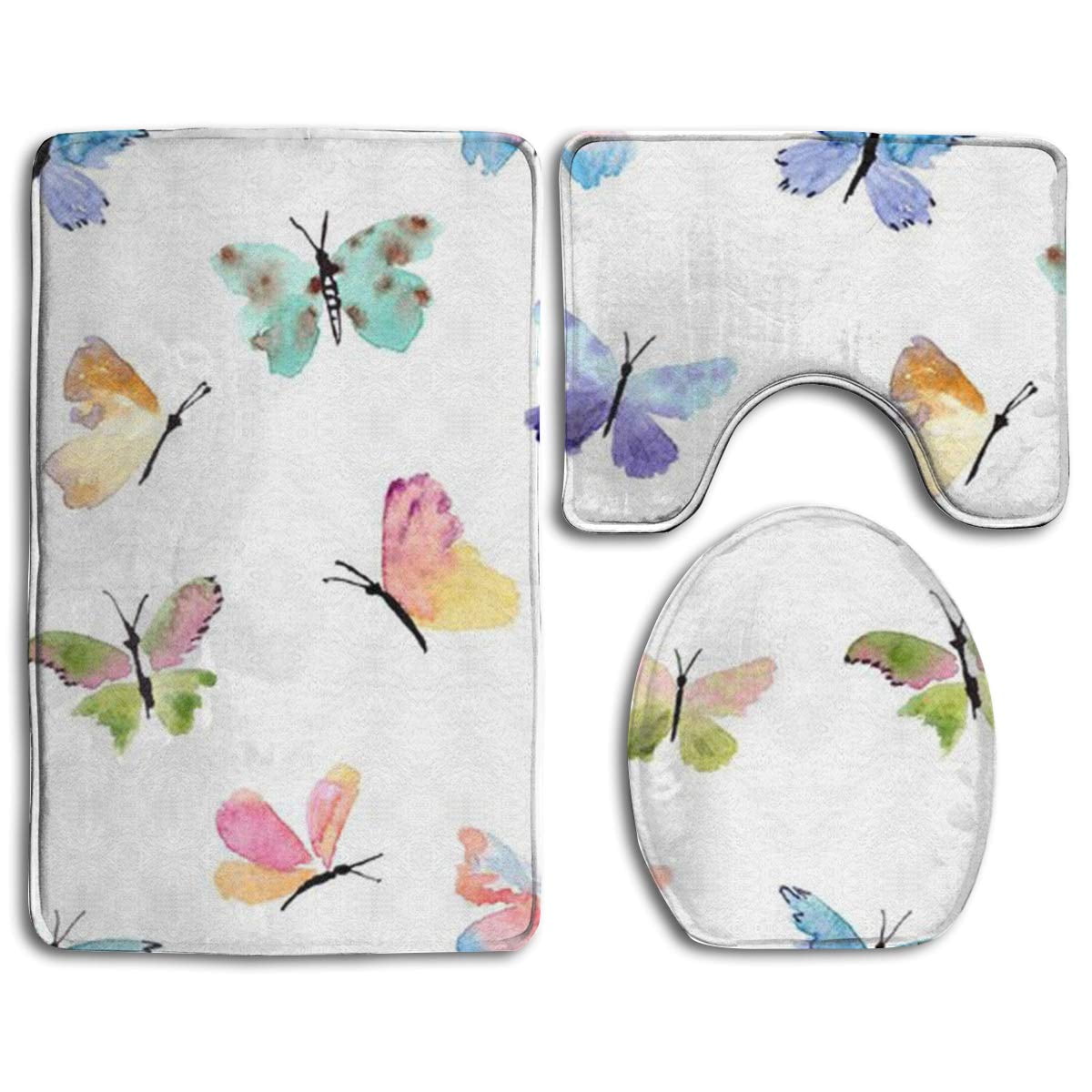 CHAPLLE Butterfly 3 Piece Bathroom Rugs Set Bath Rug Contour Mat and