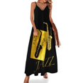 thumbnail image 1 of Regalo de saxofonistas de jazz: vestido sin mangas con notas musicales de saxofón dorado, vestidos elegantes para mujer para bodas, moda femenina, 1 of 7