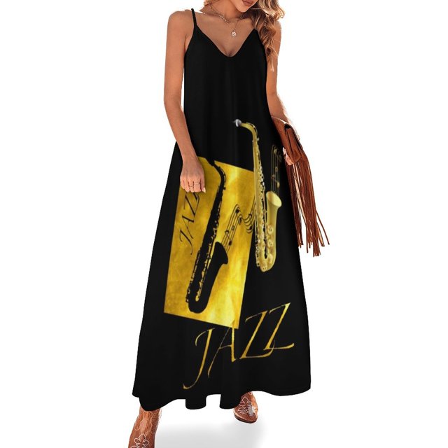 Regalo de saxofonistas de jazz: vestido sin mangas con notas musicales de saxofón dorado, vestidos elegantes para mujer para bodas, moda femenina