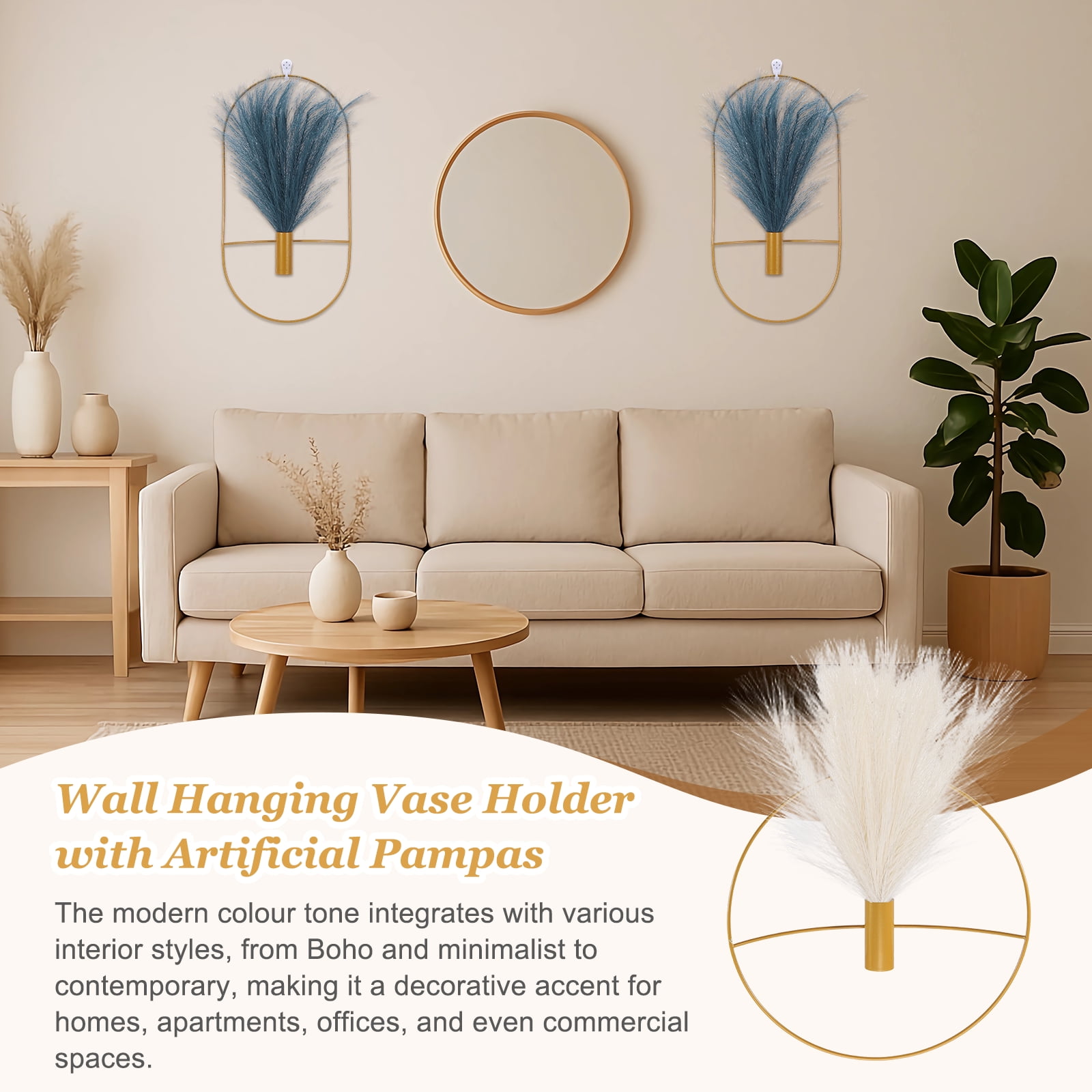 Uxcell 4 Pcs Wall Decor Metal Gold Wall Art Hanging Planters with Artificial Pampas, Wall-mounted Decor Metal for Display Artwork Plant Hanging Living Room Bedroom, Beige (Round)