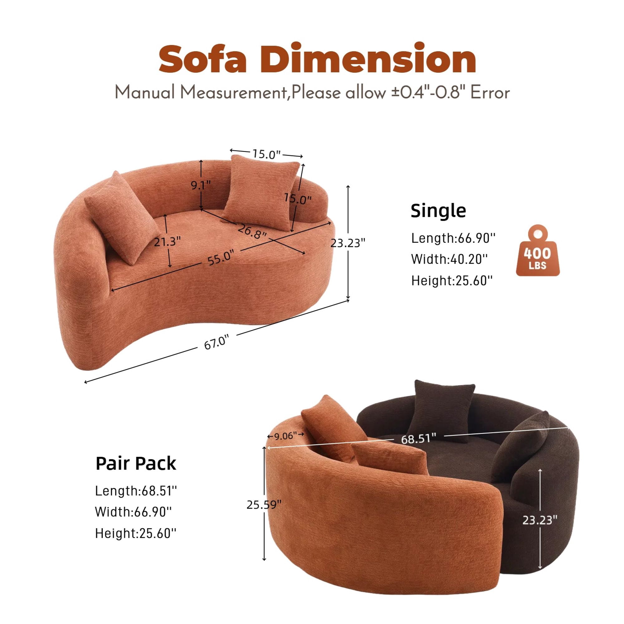 Sailvan S-Curved Chenille Sofa Loveseat, Dual-Depth, No Assembly, Compact for Small Spaces