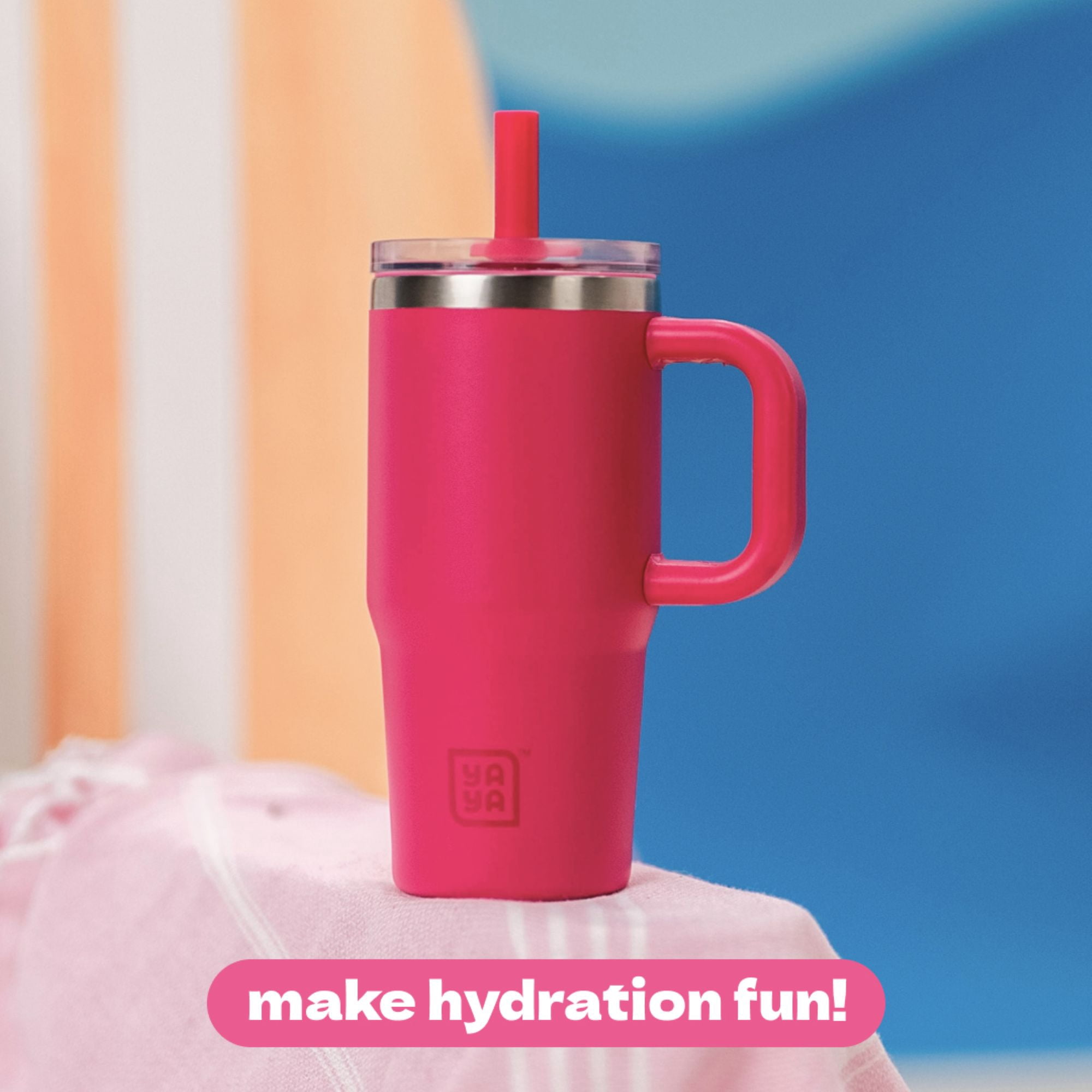 YAYA My First Travel Tumbler for Preschool & Kids 3+, Insulated Stainless Steel Tumbler with Reusable Silicone Straw & Spill-Proof Lid, Cup Holder Compatible, BPA-Free, 12oz, Fuchsia