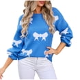 thumbnail image 2 of Sweaters for Women Long Sleeve Round-Neck Bow Tie Knitted Sweater Blue XL, 2 of 6