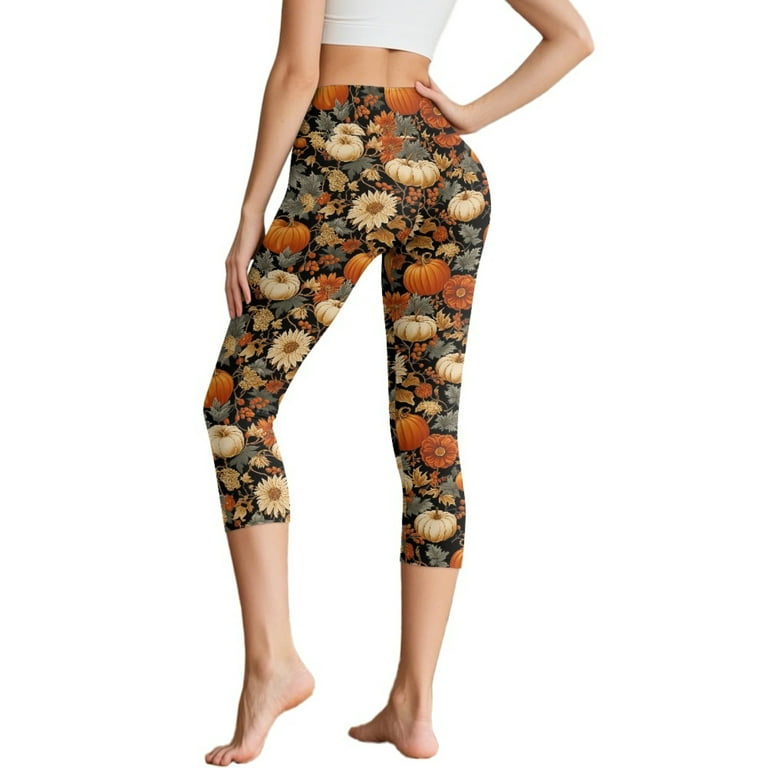 SCRAWLGOD Fall Pumpkin Leaf Floral Capri Leggings for Women, High