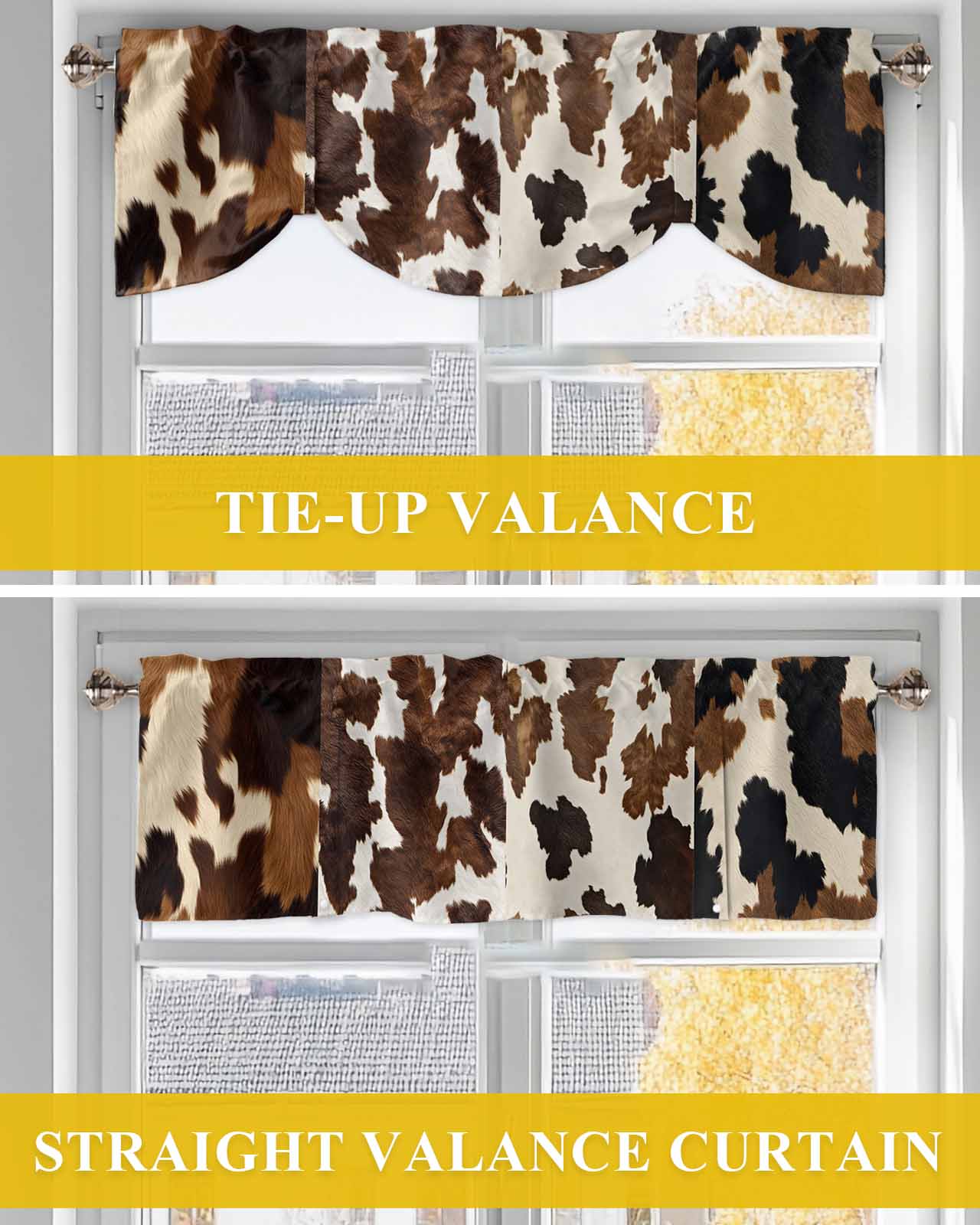 Cowhide Tie Up Valances Curtain, Adjustable Kitchen Cow Skin Texture Valances for Windows Decor, Rod Pocket Short Curtains Set for Bedroom/Bathroom, 60"x18"