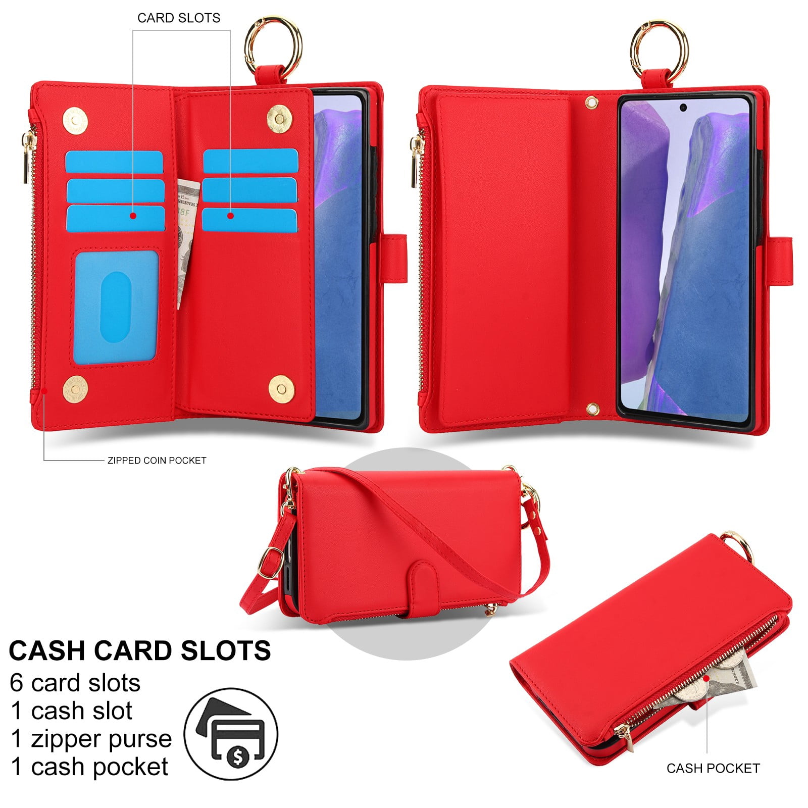 ELEHOLD For Samsung Galaxy Note 20 Phone Case Leather Crossbody Zipper Card Wallet Flip Case Kickstand Cover, with Ring Holder,Full Body Protection-Red