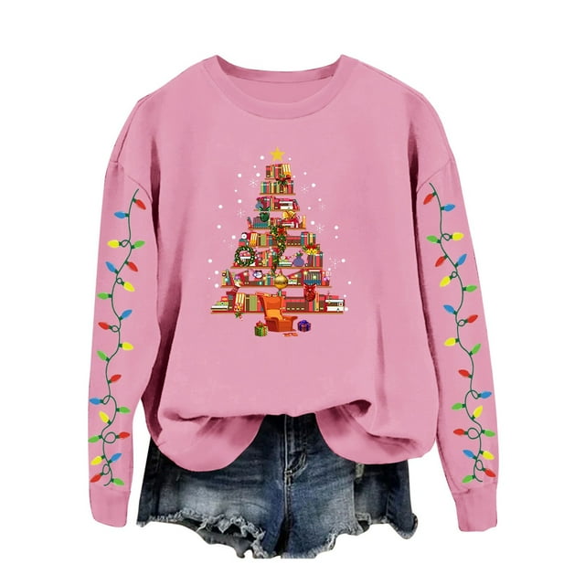 AWZXDE Chandail de Noël pour Femme, Cardigan à Enfiler avec Imprimé d'Arbre de Noël - Haut à Manches Longues à Col Rond pour Femme