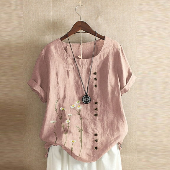 Socisucc Summer Tops for Women 2024 Plus Size Floral Printing Shirts Women's Casual Short Sleeve Buttons Tees Loose Tops