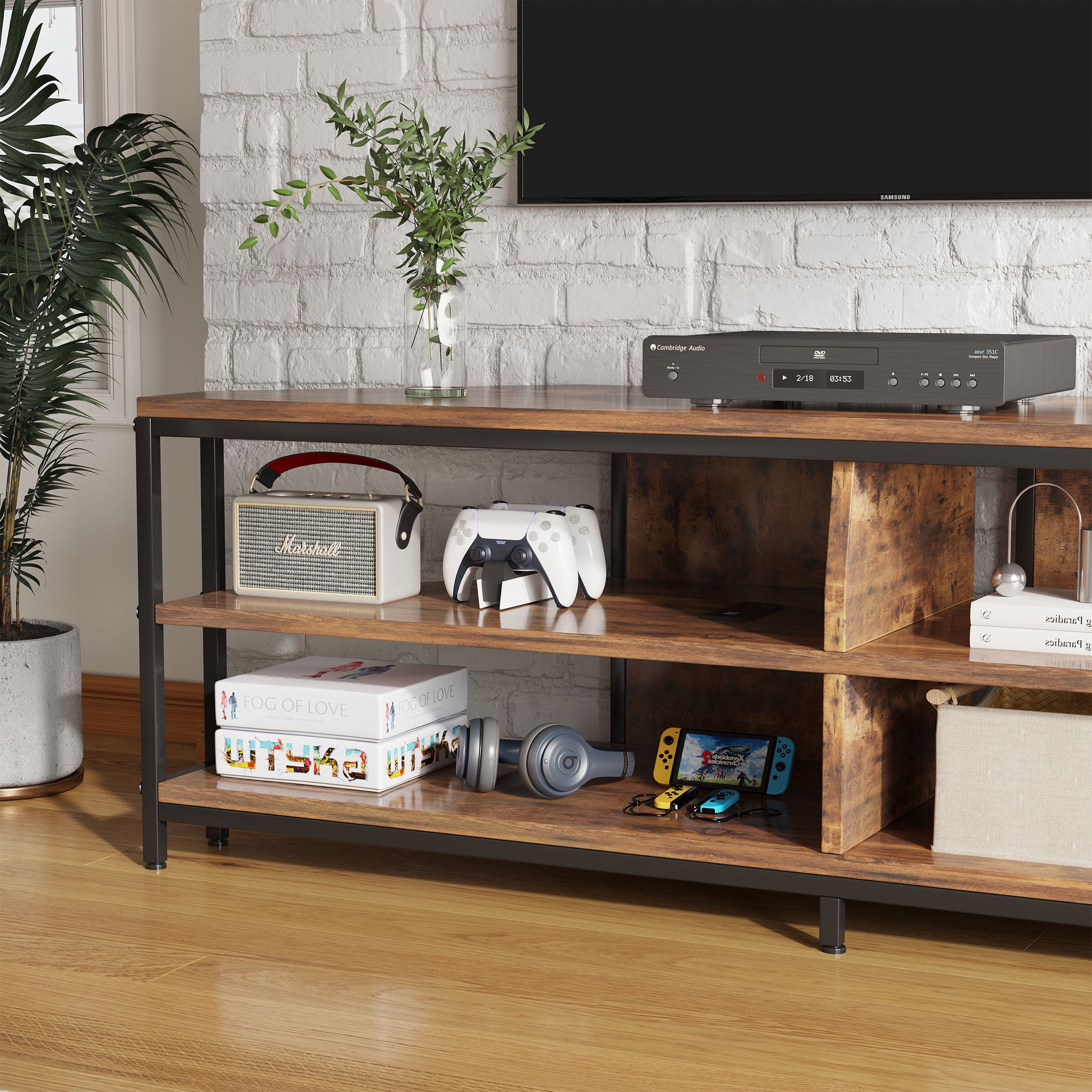 BREEZEHEAT  Corner TV Stand with Metal Leg for TV up to 55 in, French Oak Grey
