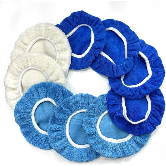 9PCS Car Buffer Polisher Pad Bonnet, 9 to 10 Inches Car Orbital Polishing Bonnet Coral Fleece Buffing Cover, Soft Microfiber Car Woolen Wax Kit, Universal Auto Cleaning Waxers Set