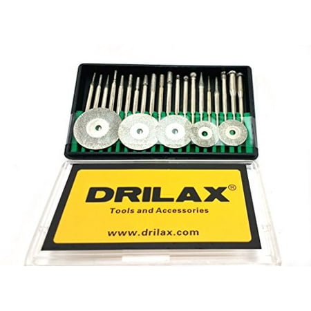 Drilax 25 pcs Diamond Coated Burs Cut Off Disc Set Assorted Shapes Cone Cylindrical Round Bit Bur Kit Jewelry Beach Sea Glass Shells Gemstones Lapidary 1/8