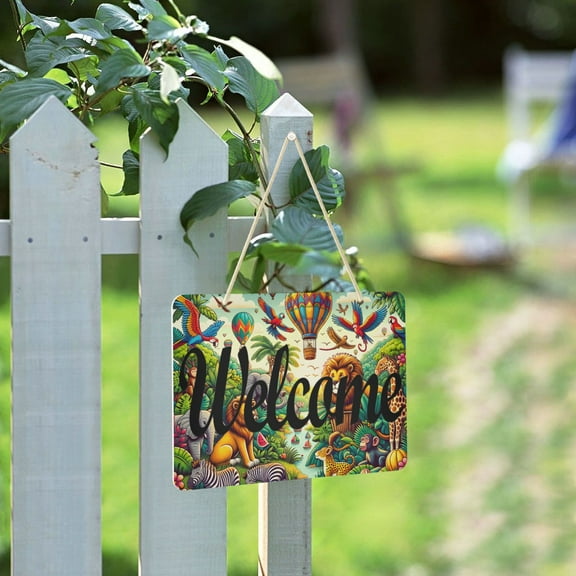 Jungle Animals Hot Air Balloon Welcome Sign for Front Door Porch Wreath Door Sign Home Decoration Rustic Farmhouse Style