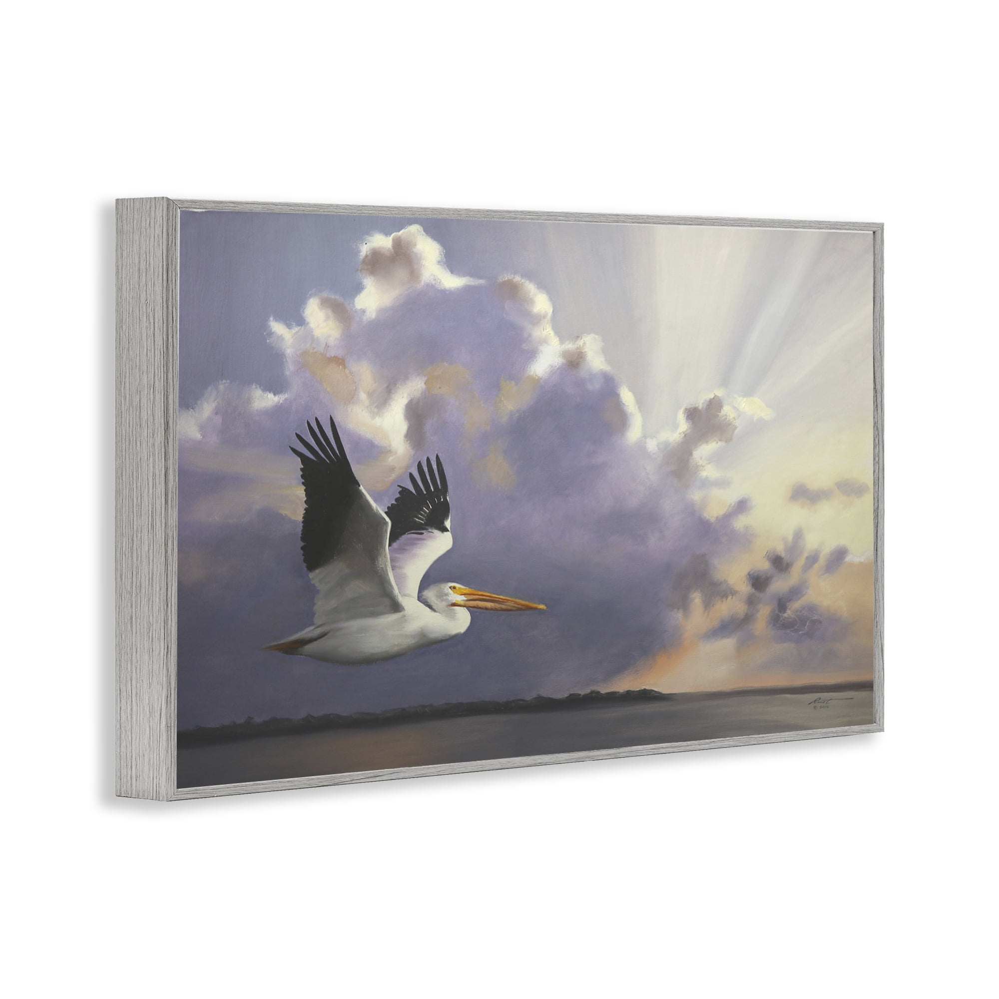 Stupell Industries Dawn Sunrise Pelican Landscape Painting Gray Framed Art Print Wall Art, 18 x 12