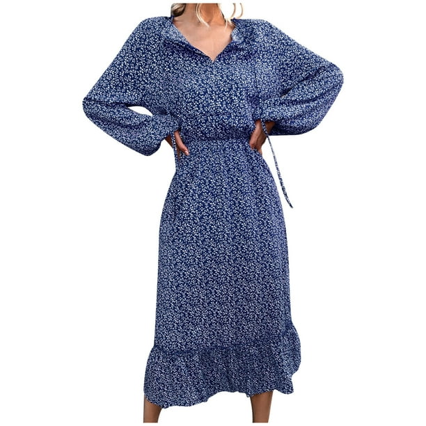Vestido de mujer primavera/verano con cordones y cuello en V floral vestido suelto falda oscilante Wmkox8yi FGJ1658
