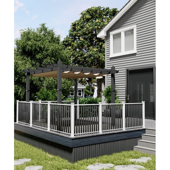Pergola en Aluminium – Auvent Rétractable Imperméable – Protection UV, Grain de Bois – Pavillon Extérieur – pour Patio, Jardin, Cour Arrière et Terrasse – 10x10 Pi – Colonnes Grises + Rideau Kaki