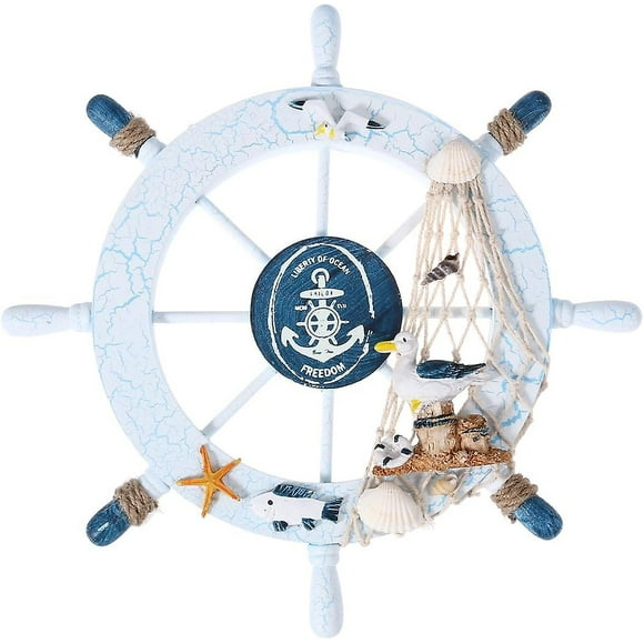Wooden fishing boat helm with fishing net - party wall nautical decoration