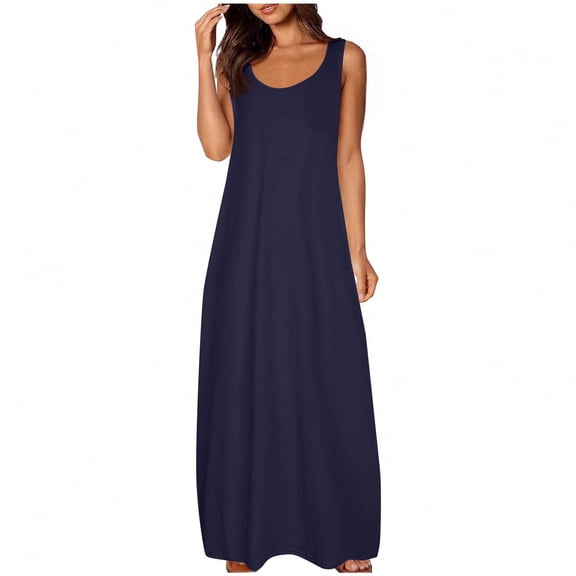 PATLOLLAV Dress for Women's Large Pocket Solid Color Round Neck Sleeveless Dress