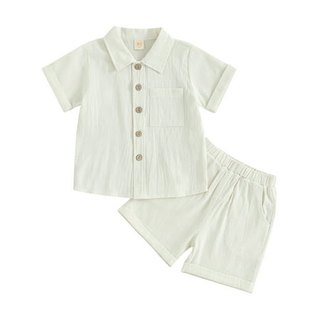 

Wallarenear Toddler Boys Outfits Short Sleeve Button Down Shirt Tops Elastic Waist Shorts Beige 18-24 Months
