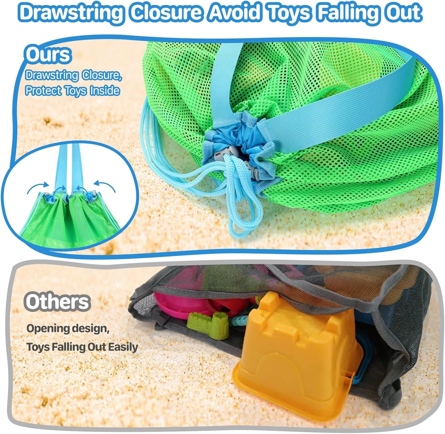 Mesh Beach  Bag With Drawstring - Lightweight Tote for Sand Toys, 's Storage Bag for Travel Essentials, Neon Green