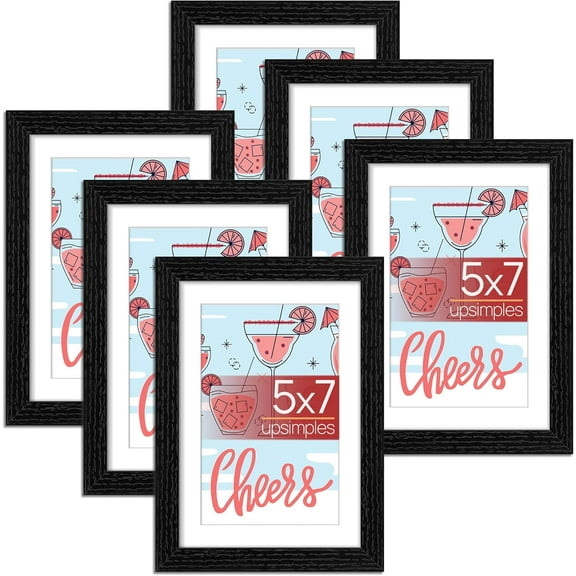 5x7 Picture Frame, Lightweight Thin Frame for Prints, Display 4x6 with Mat or 5 x 7 Without, Easy Wall Hanging, Black 6 Pack