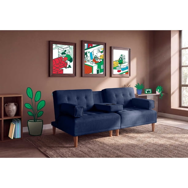Sofá Cama de Lino Azul Makora Con Portavasos Modelo Queen