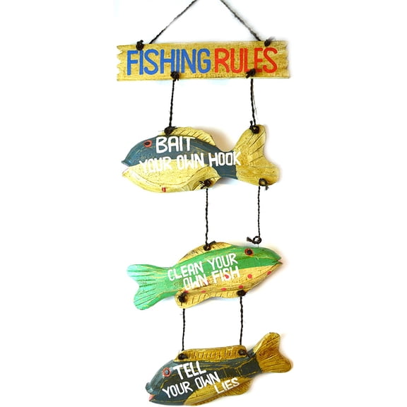 LG Hand Carved Fishing Rules Sign With Fish Wooden Nautical Trout Bass Mauhi Perch