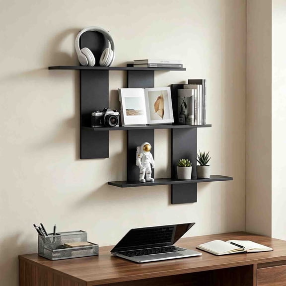 3 Tier Black Floating Shelves for Wall Mounted, Decorative Wooden Wall Shelves, Plants Photo Shelf Storage Display Shelf for Living Room Bathroom Bedroom Kitchen Home Office Decor, 30.7"x31.5"x4.7"