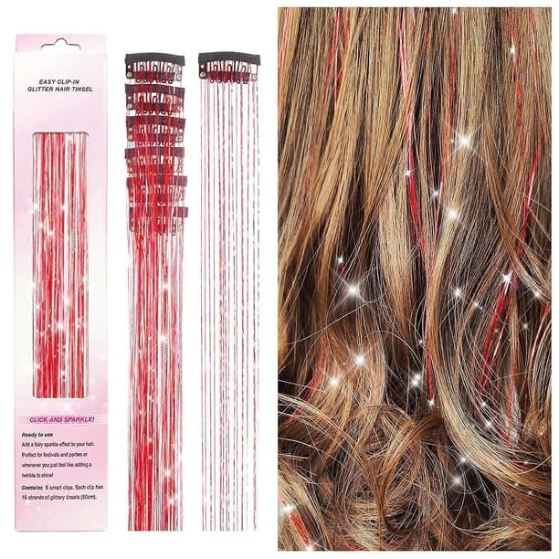Clip in Hair Tinsel Kit, Pack of 6Pcs Glitter Fairy Tinsel Hair Extensions 20 Inch Shiny Hair Tinsel Heat Resistant, Sparkly Strands Hair Accessories