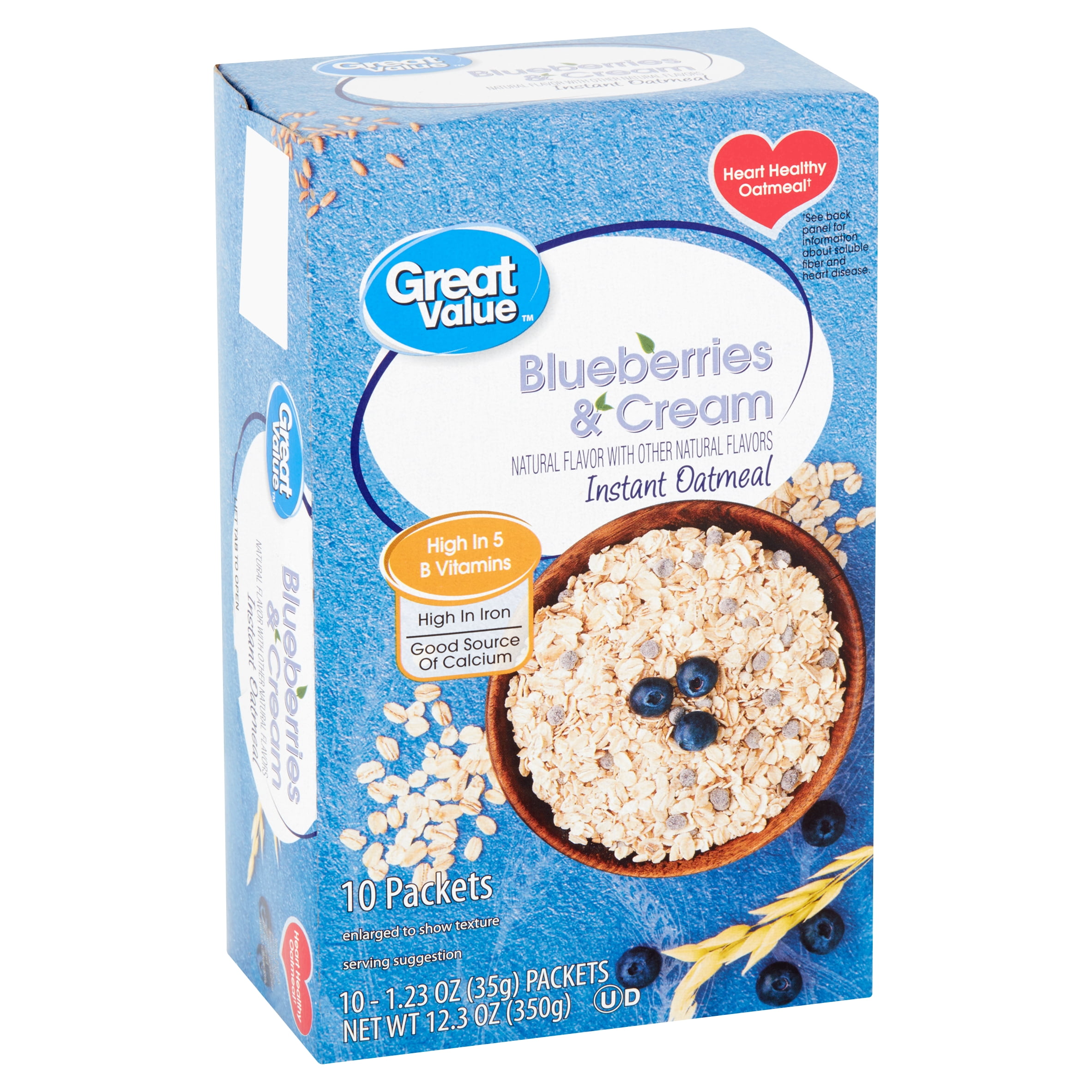Great Value Blueberries & Cream Instant Oatmeal, 1.23 oz, 10 count