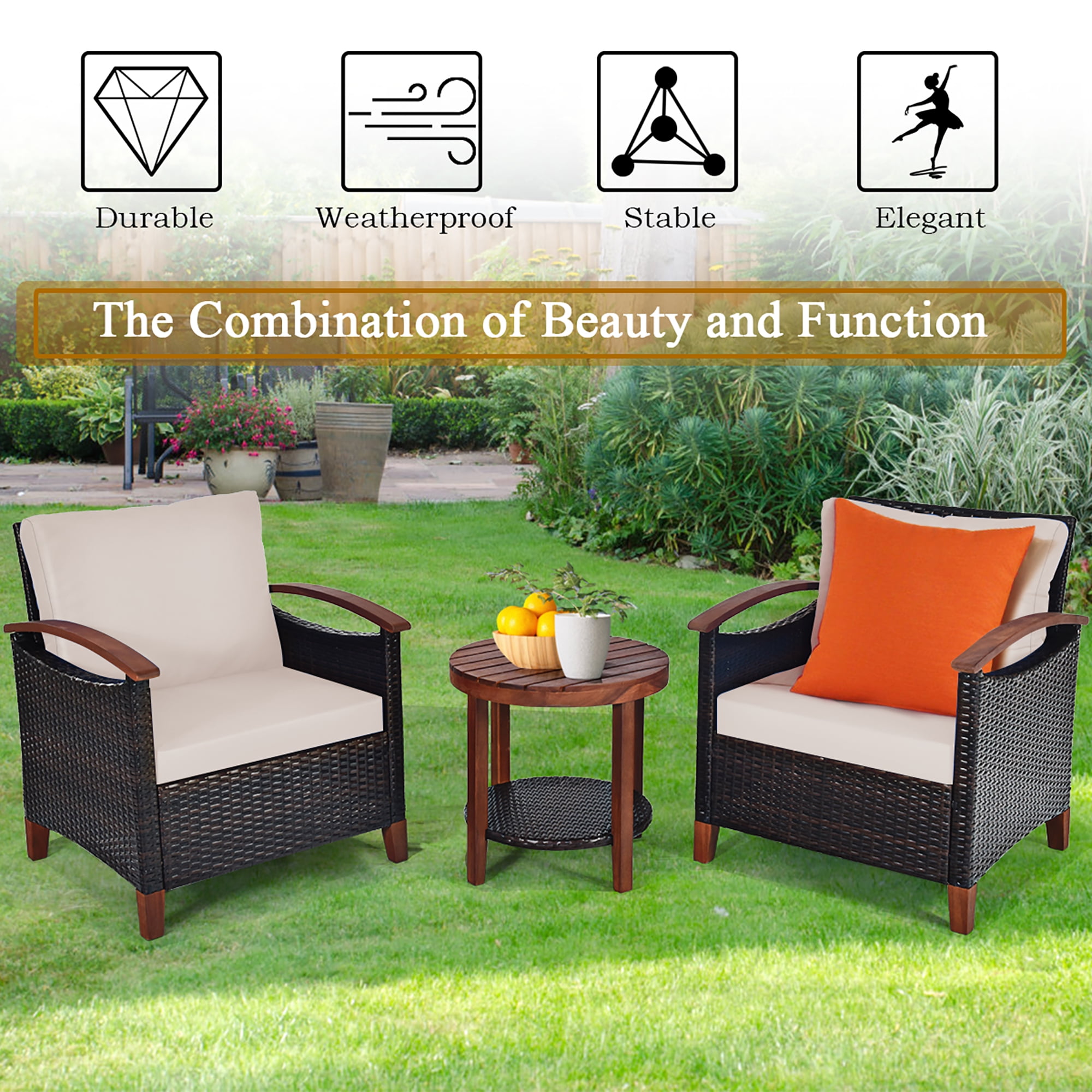 Costway 3 Piece Rattan Outdoor Patio Dining Set wth Cushion, Beige