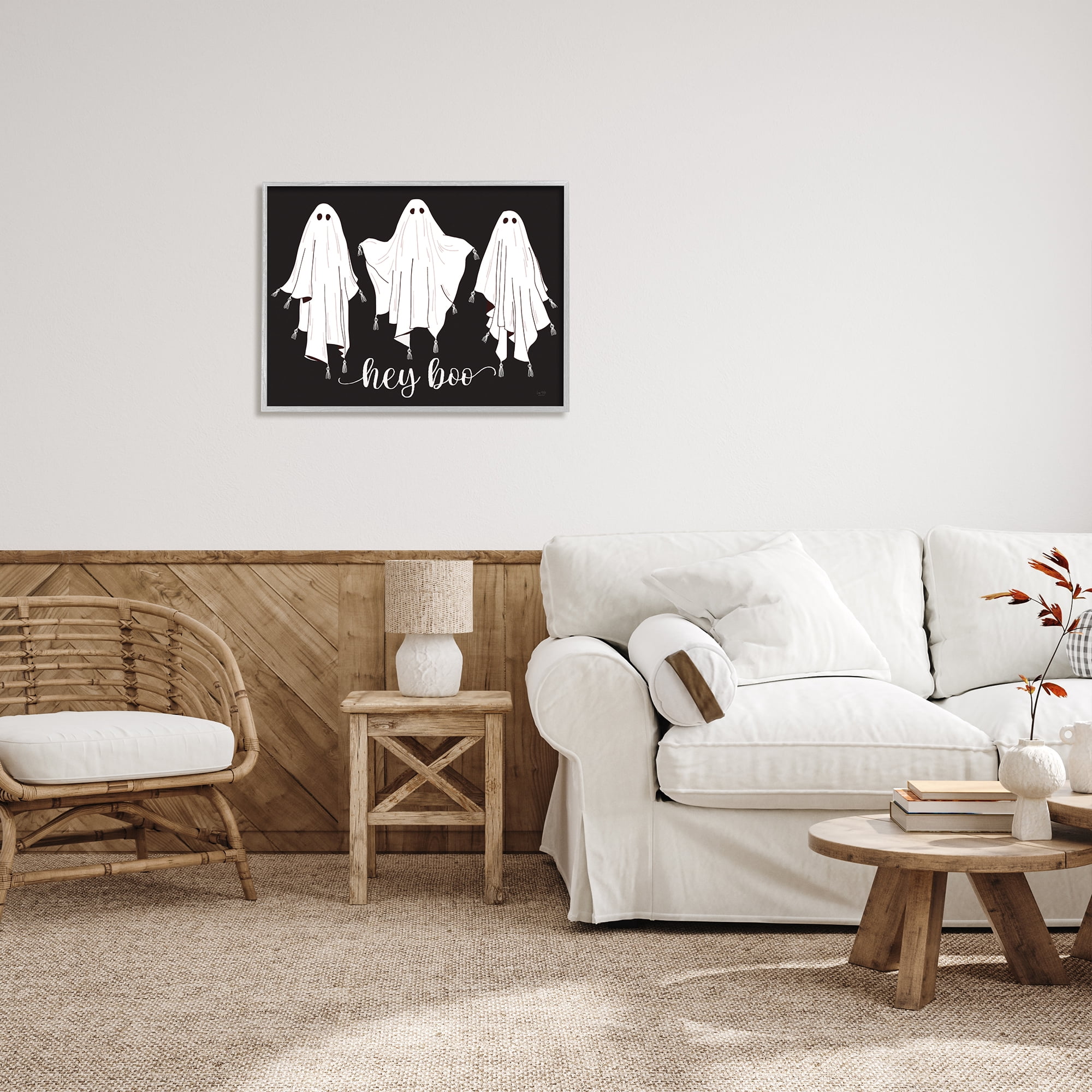 Stupell Industries Hey Boo Three Ghosts Holiday Painting Gray Framed Art Print Wall Art, 30 x 24